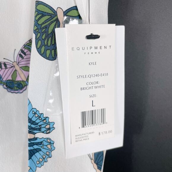 SOLD-Equipment Kyle Butterfly Print Top Sleeveless Blouse White Silk Sz L - Picture 7 of 10